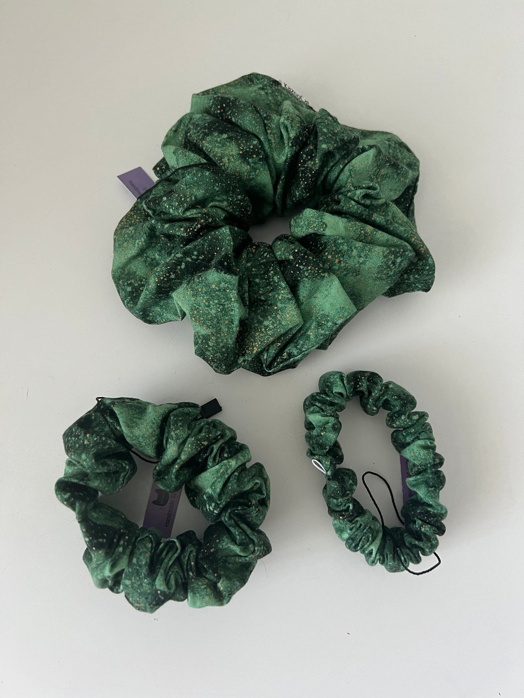 Green with Speckled Gold Galaxy Scrunchie - Handmade Elastic Hair Tie