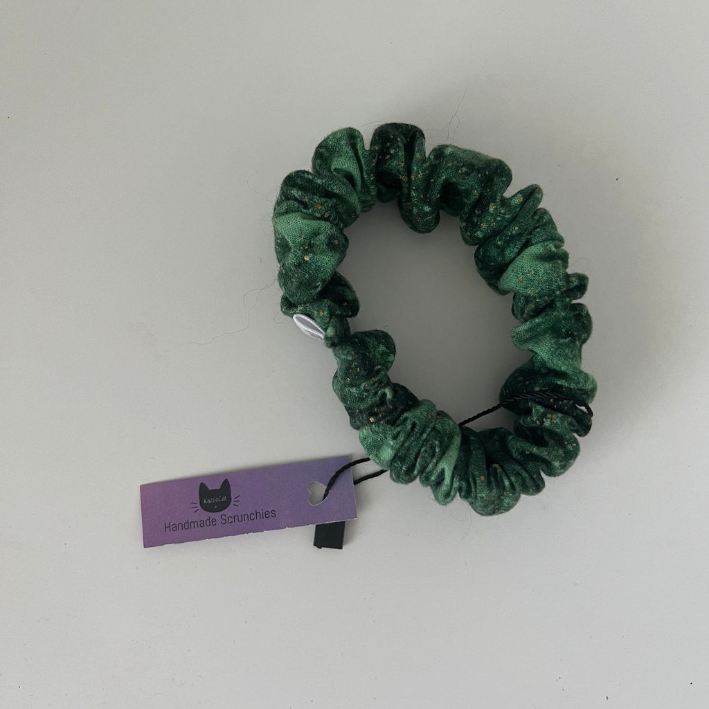 Green with Speckled Gold Galaxy Scrunchie - Handmade Elastic Hair Tie