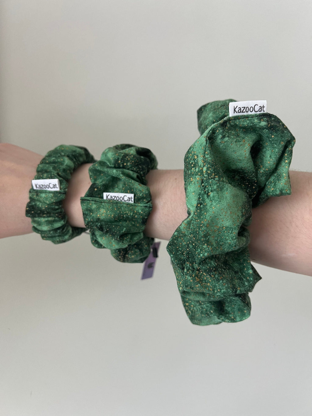 Green with Speckled Gold Galaxy Scrunchie - Handmade Elastic Hair Tie