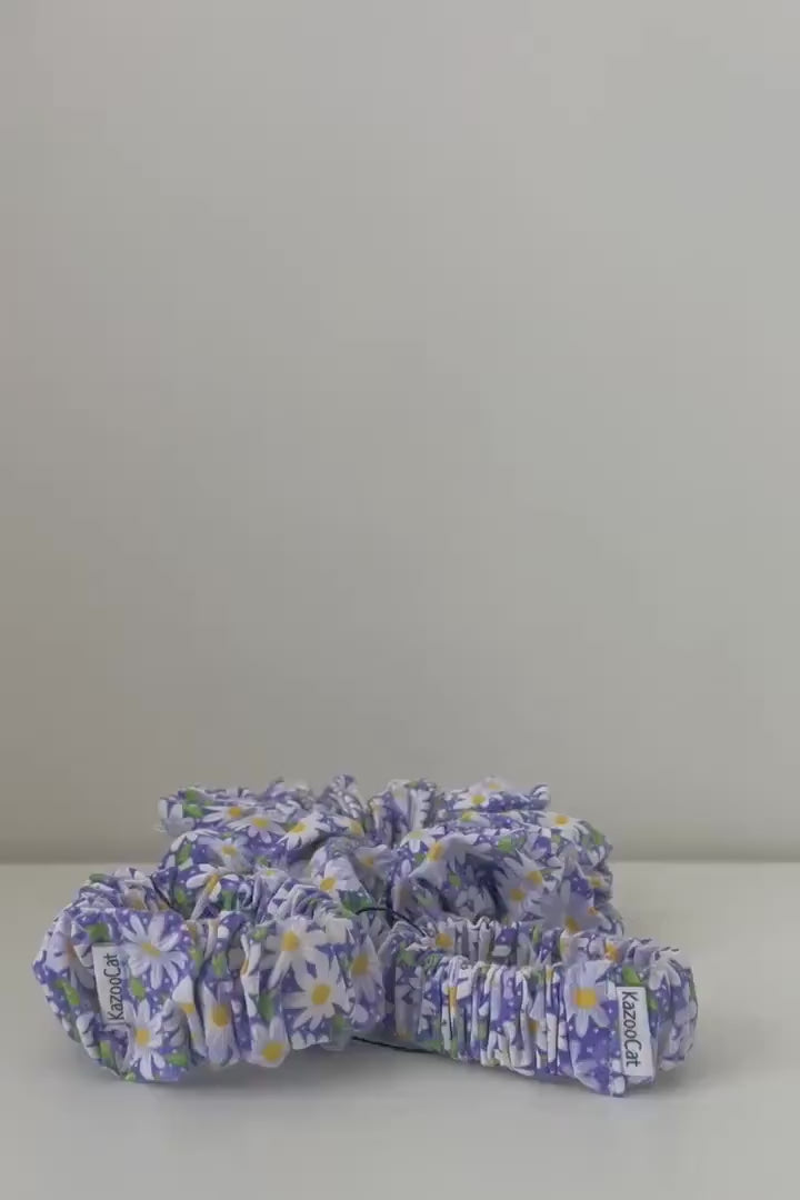Floral Daisy Purple Scrunchie - Flower Series - Handmade Elastic Hair Tie