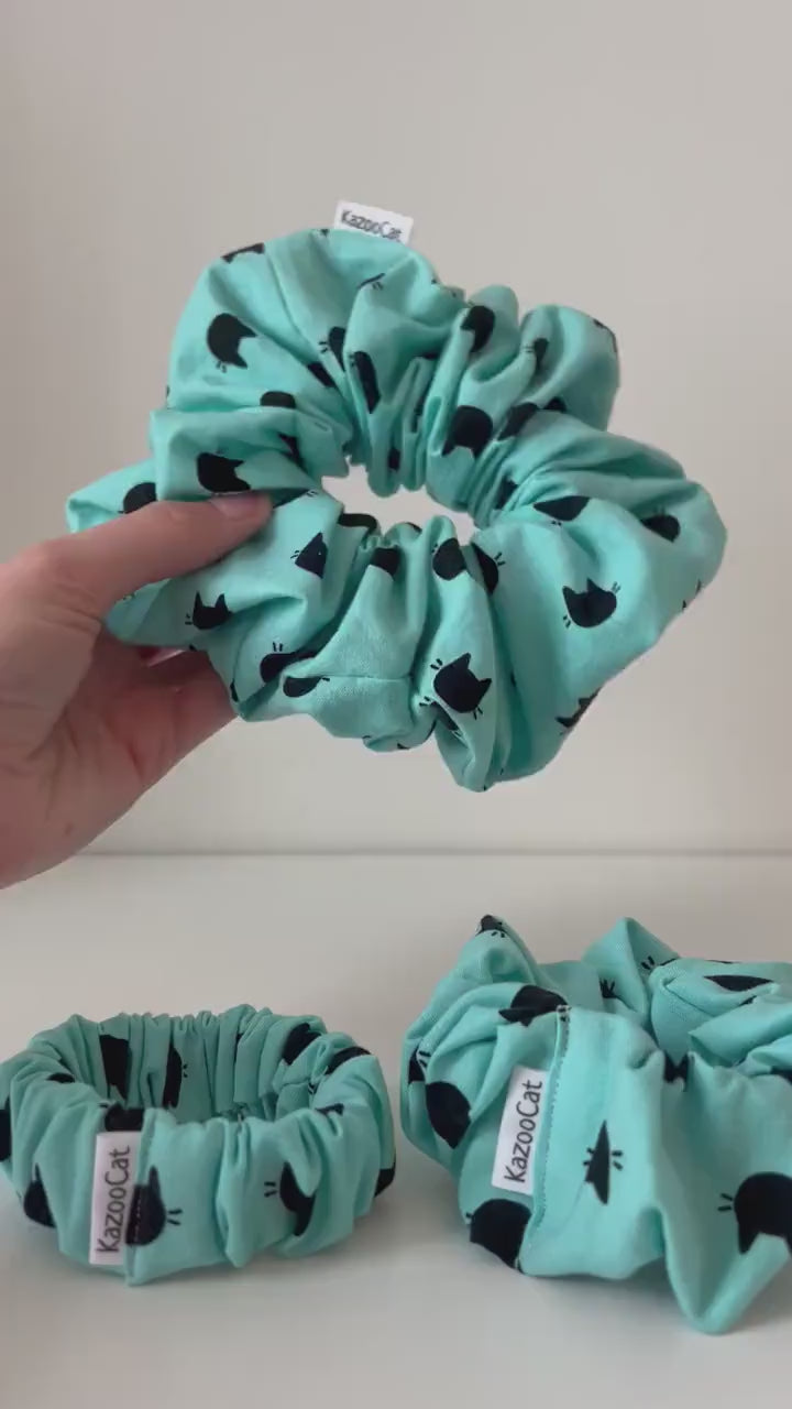 Turquoise Black Cat Scrunchie - Handmade Hair Accessory