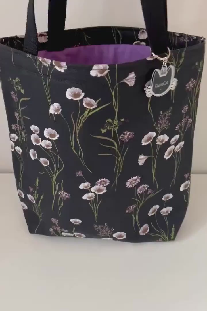 Handmade Dark-Themed White Flowers Tote Bag | Eco-Friendly Reusable Bag | Versatile Everyday Tote