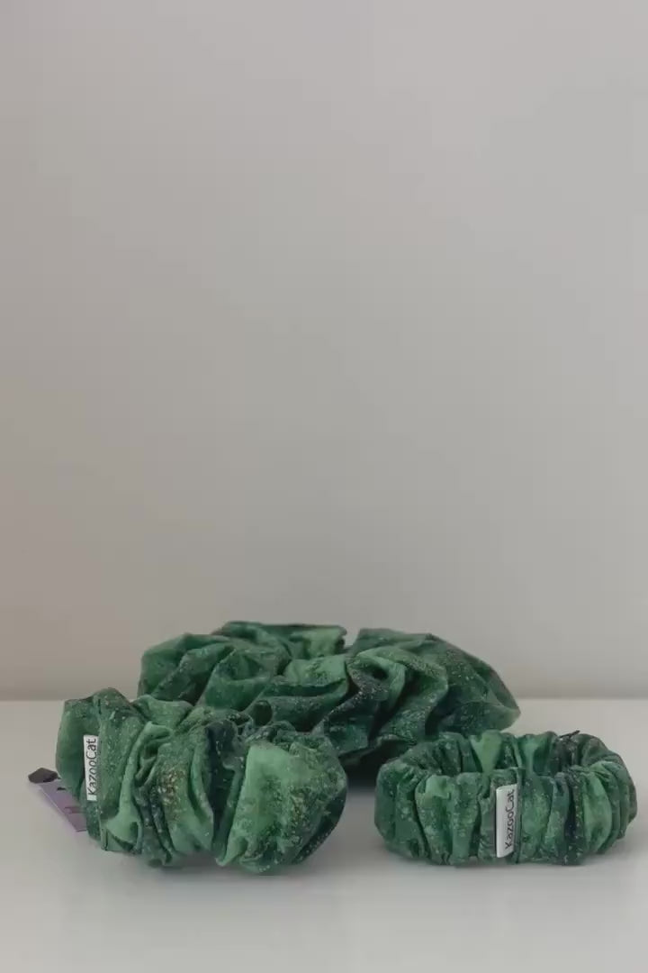 Green with Speckled Gold Galaxy Scrunchie - Handmade Elastic Hair Tie