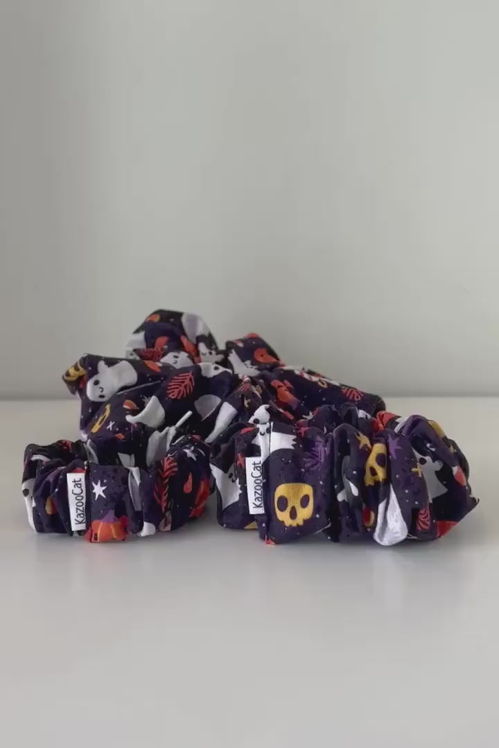 Halloween Scrunchie -  Happy Ghosts And Pumpkins - Playful Halloween Hair Tie