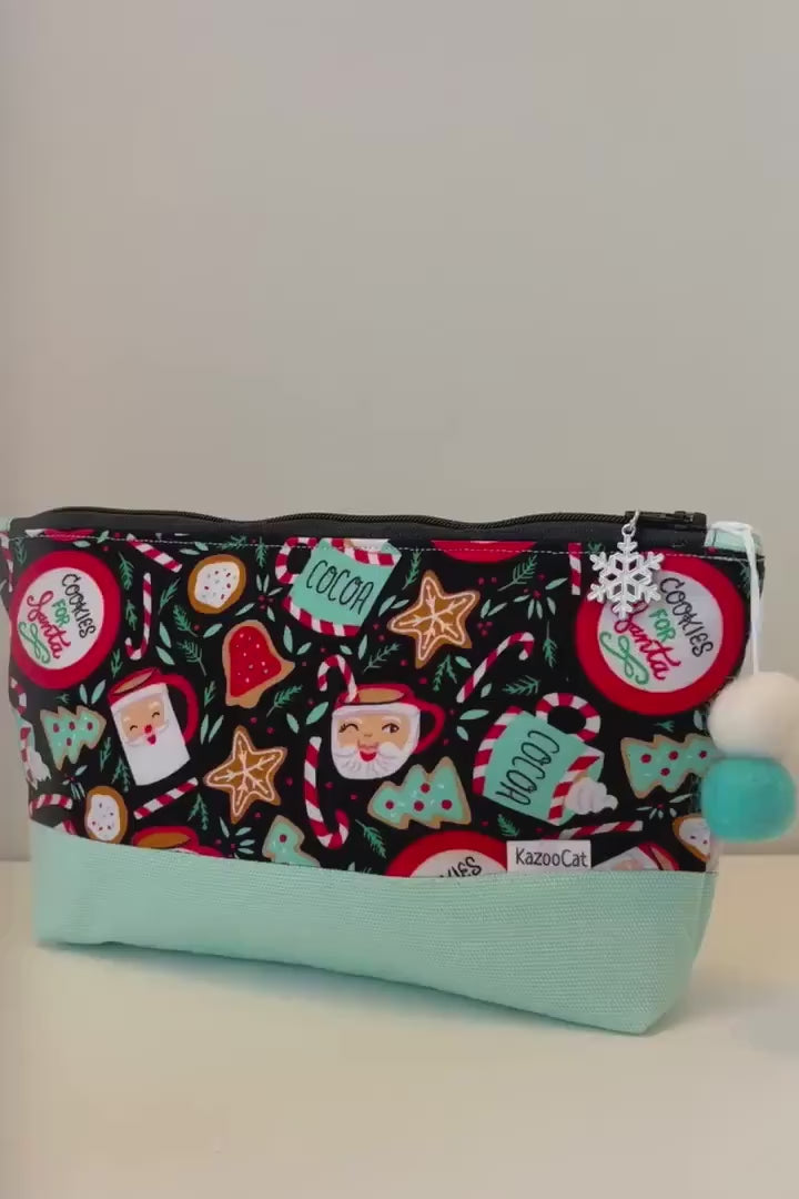 Christmas Two-Tone Stand-Up Zipper Pouch - Santa Cookies Pattern - Versatile Travel & Storage Bag for Makeup, Toiletries, and Organization