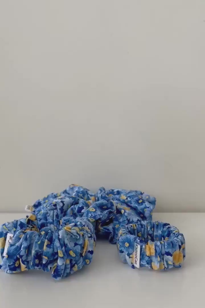 Floral Blue and Yellow Scrunchie - Flower Series - Handmade Elastic Hair Tie